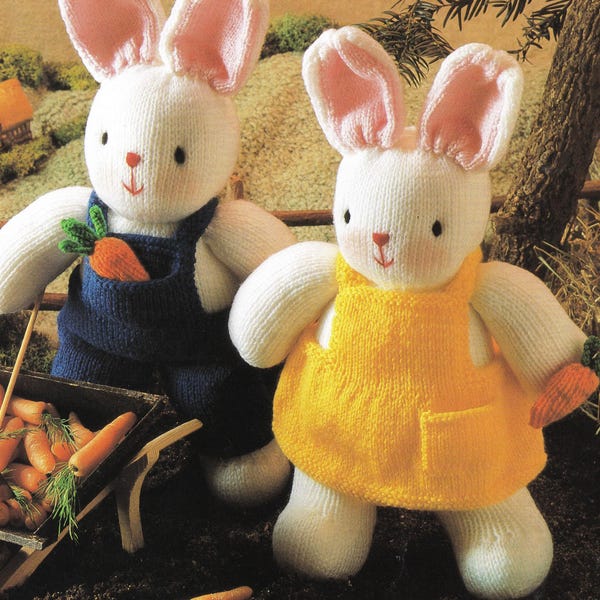 Boy and girl Bunny soft toy knitting pattern. Roughly 14.5" (37cm) tall including ears. Double Knitting. PDF digital download DK 8 PLY Yarn