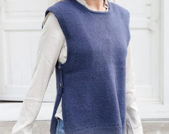 Womens Easy Beginner Round Neck Sleeveless Slipover Sweater Vest- Button side in DK 8 Ply Light Worsted Wool Knitting Pattern PDF download
