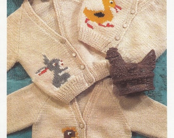 Baby Raglan V Neck Cardigan- Motifs Duck Rabbit Chicken No charts, DK 8 Ply Light worsted wool Knitting Pattern Download PDF