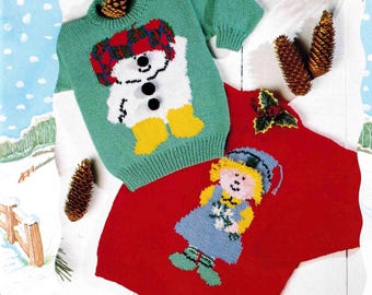 Christmas Jumpers 2 styles - Doll & Snowman tam Knitting Pattern -DK 8ply (Light Worsted weight) Download PDF -20 -38-  Childs- Adults sizes