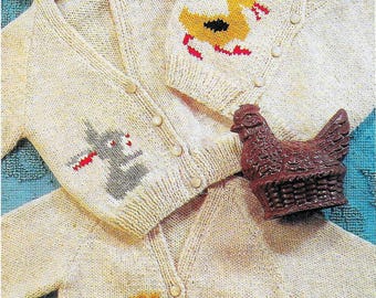 Child's Raglan Cardigans V Neck- Duck-Chicken-Rabbit motifs Knitting Pattern -DK-8ply(Light Worsted  PDF Download-20" 23" vintage Knitting