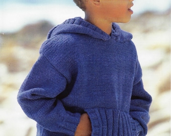 Childrens Hooded Sweater-Hooded Jumper Knitting Pattern  with pocket- fits chest 22-32" or 1-12 years PDF