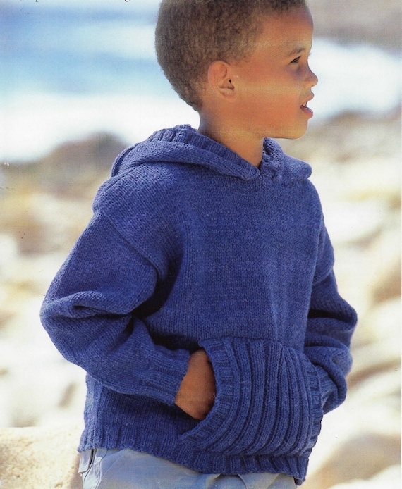 Childrens Hooded Sweater Hooded Jumper Knitting Pattern with pocket fits chest 22 32 or 1 12 years PDF
