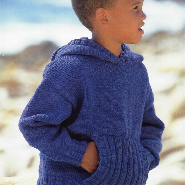 Childrens Hooded Sweater-Hooded Jumper Knitting Pattern  with pocket- fits chest 22-32" or 1-12 years PDF