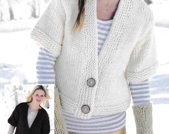 Womens Super Chunky Cardigan short Sleeved 2 button Jacket Beginners PDF Knitting Pattern Super Chunky- Super Bulky 32 - 42" Download