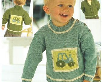 Baby Tractor Motif Sweater & Jacket 0 - 6 years ~ 16" - 26" DK 8 Ply Light Worsted Knitting Pattern PDF Instant download