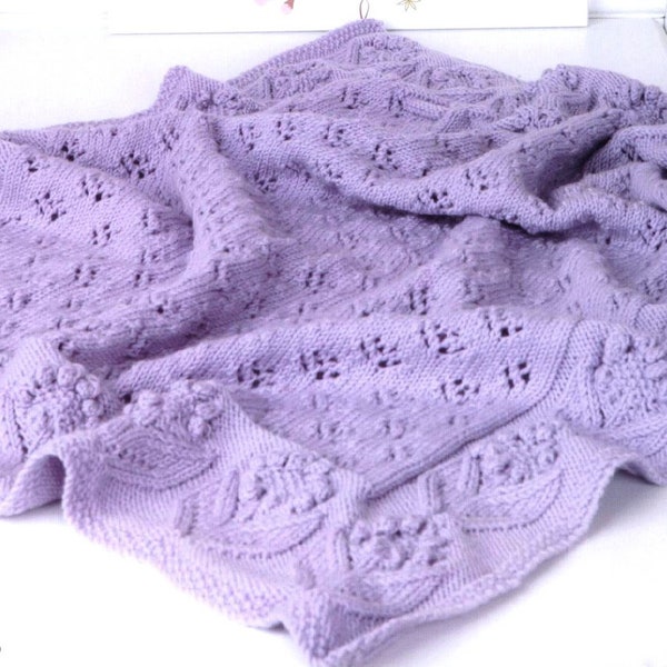 Bobble & Flower lace blanket in DK/8ply wool- measures 65 x 85 cm approx. Knitting pattern PDF