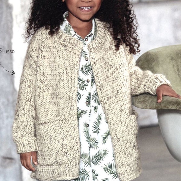 Girls-Very easy, Super Chunky Jacket with Pockets 116-146 cm chest- Super bulky super chunky wool easy quick knit-PDF KNITTING Pattern-