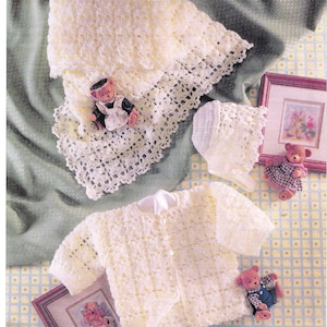 Crochet Baby Cardigan Round Neck Girls-  Plus Bonnet & Crochet blanket- pram cover 18&quot; in 4ply Fingering wool- Crochet Pattern Download PDF