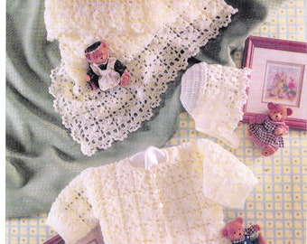 Crochet Baby Cardigan Round Neck Girls-  Plus Bonnet & Crochet blanket- pram cover 18" in 4ply Fingering wool- Crochet Pattern Download PDF