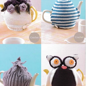 Può includere: Quattro scaldavivande per teiera in crochet e maglia. Il primo è bianco con fiori viola, il secondo è a righe blu e bianche, il terzo è viola e il quarto è un gufo nero con ali bianche.