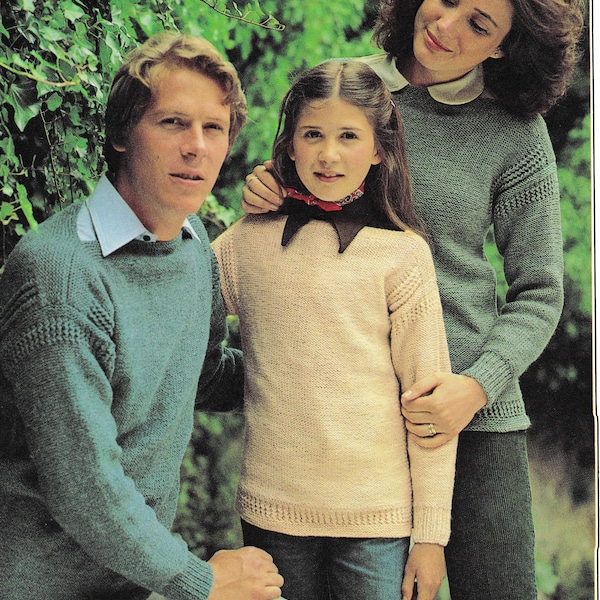 Casual Guernsey His' n 'Hers & Children's Sweaters drop  Sleeve 22" - 40" DK 8 Ply Light Worsted Knitting Pattern PDF Download- Vintage