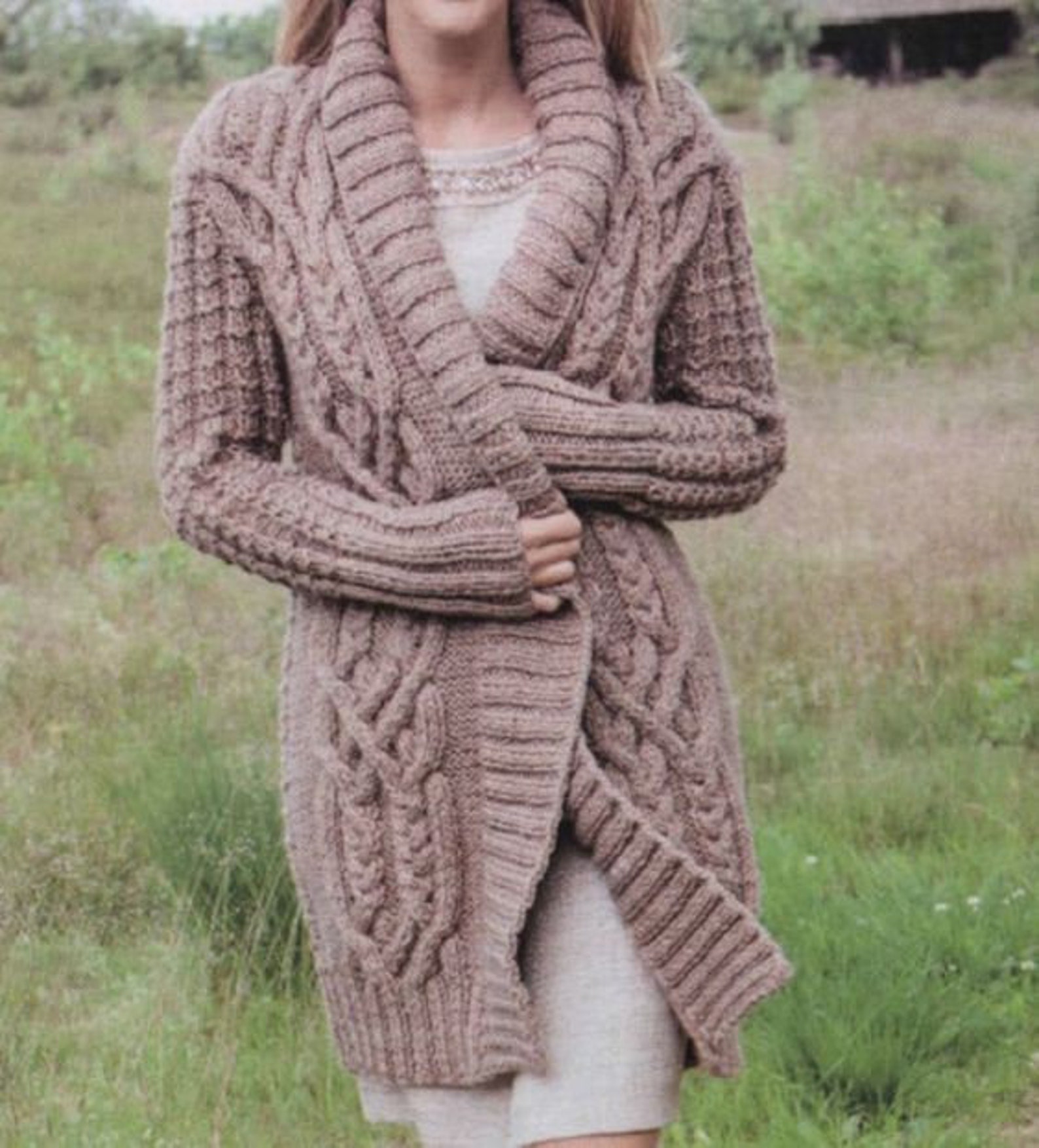 Womens Aran Style Cable Rib Cardigan Coat Jacket Shawl Collar Textured ...