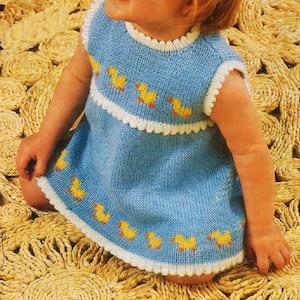 Baby Girl- Sleeveless Picot &  Embroidered Ducks yoke dress  in 8ply DK Yarn Fits from 19-21" - Knitting pattern  Download PDF