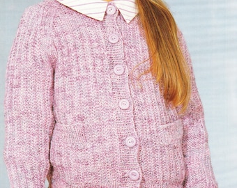 Girl's Ribbed Crew Neck cardigan Pockets  Raglan sleeves, DK 8Ply Light worsted wool 22" 32" chest, Knitting Pattern Download PDF