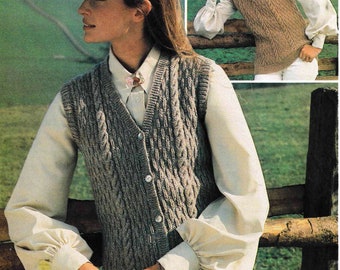 Cable Textured Slipover Top & Waistcoat Vest V Neck Womens 34" - 38" ~ DK 8 Ply Light Worsted Knitting Pattern PDF Instant download