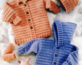 Baby Toddler Hooded Textured Jacket Cardigan with collar Hat Mitts Boys Girls DK 16-22" DK 8 Ply Light Worsted PDF Download Knitting Pattern