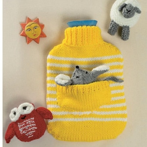 May include: A yellow and white striped knitted hot water bottle cover with a gray mouse peeking out of a pocket. There is a red knitted owl and a white knitted sheep in the background.