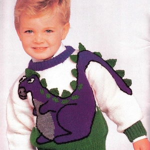 Boys Intarsia Dinosaur Sweater  Knitting Pattern- Dino motif, Aran 10 Ply Worsted yarn- chest 21-25&quot; Download Vintage Jumper PDF