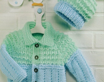 Baby Boys Girls Easy Chunky Jacket with Collar & Bobble Hat 18" - 26" Downloadable Knitting Pattern PDF Instant download