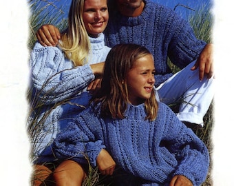 Easy Chunky Sweaters  3 styles Drop sleeves quick easy knit Adult Children's Chunky Bulky 12 Ply Knitting Pattern PDF download 22"-44" chest