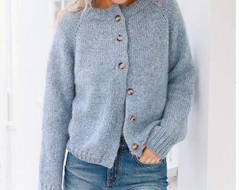 Easy Larger Sizes Classic Round Neck Raglan Cardigan Womens 36"- 54" ~ Aran 10 Ply Worsted Knitting Pattern PDF Instant download