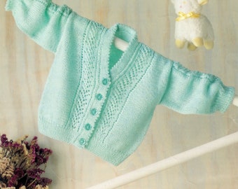 Baby Girls Cardigan V Neck  Lacy Eyelet Panel Picot edges borders 16" - 20" 4 Ply Fingering Knitting Pattern PDF Instant download