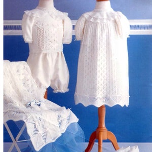 Baby- Layette Christening Dress Jumper & Shawl in 4ply  Fingering- Birth- 6 months, Knitting Pattern download PDF