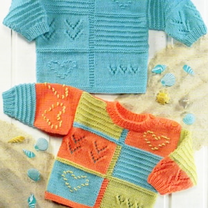 May include: Two knitted baby sweaters with colourful patchwork designs. The sweaters feature a variety of stitches and textures, including hearts, stripes, and cables. The sweaters are made in a light blue, orange, yellow, and green colour scheme.