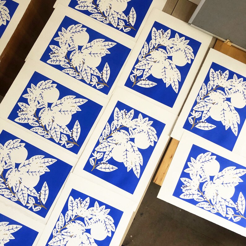 May include: A stack of white cards with a blue background and a white silhouette of a citrus tree with fruit. The cards are arranged in a staggered pattern.