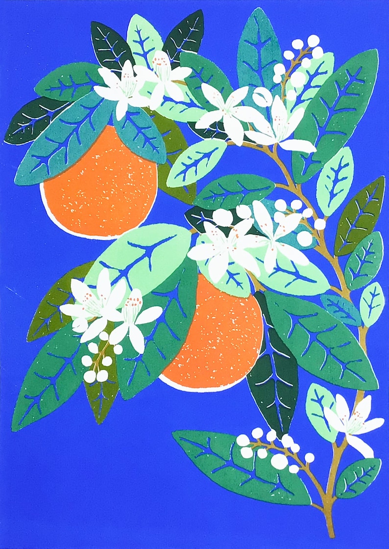 May include: A stylized illustration of an orange tree with two oranges and white blossoms on a bright blue background. The leaves are green and the oranges are orange with a textured surface.