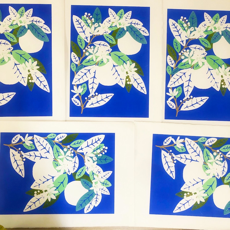 May include: Five blue cards with white illustrations of orange blossoms and fruit. The cards are arranged in two rows, with three cards in the top row and two cards in the bottom row.