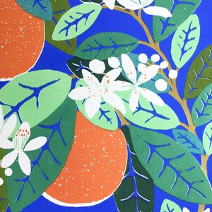 May include: A blue background with a stylized orange tree with green leaves, white flowers, and orange fruit.
