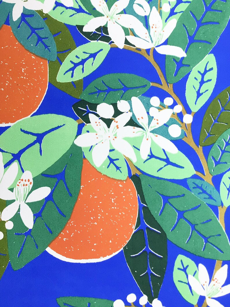 May include: A blue background with a stylized orange tree with green leaves, white flowers, and orange fruit.