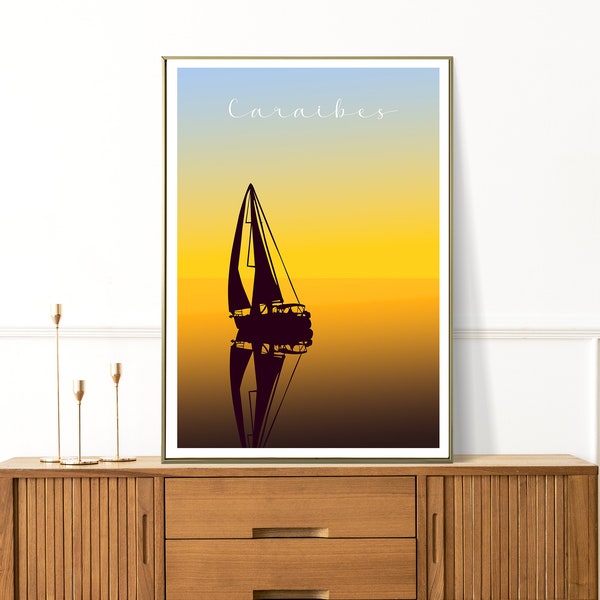 Affiche 60x40 CARAIBES, Amérique, bateau en pleine mer