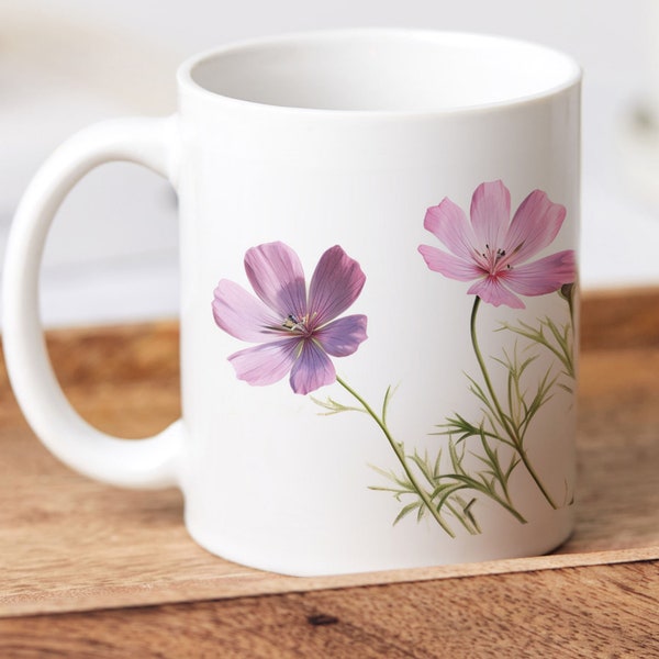 Rosa Wildblumen Kaffeetasse - Keramiktasse mit zartem Blüten-Design für Naturliebhaber und Genießer - Kaffeebecher - Perfektes Geschenk