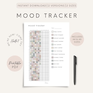 May include: A printable mood tracker with the text "MOOD TRACKER" and "mood tracker". The tracker includes boxes for daily mood tracking and a key for different emotional states. A black pen is placed next to the tracker.