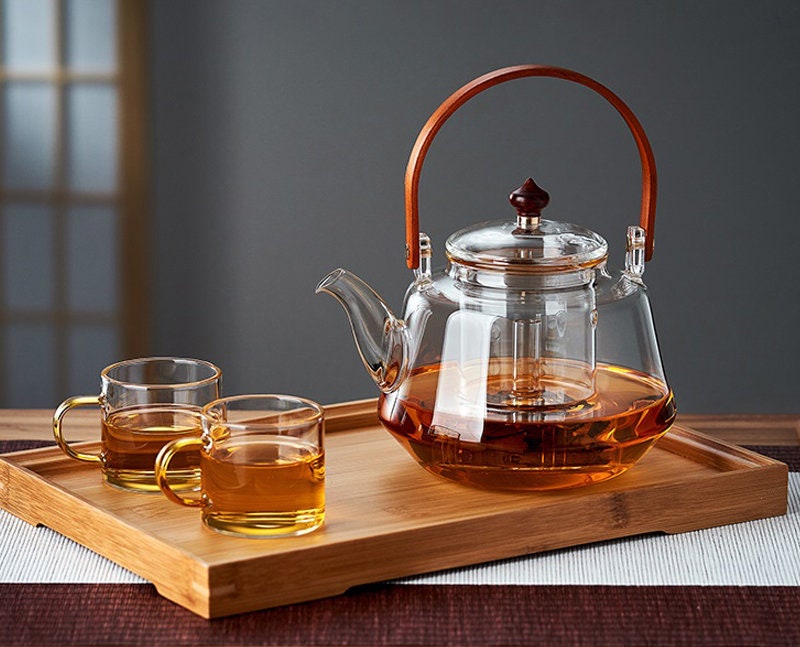Teabloom Stovetop Safe Glass Teapot with Bamboo Lid  (40oz/1200ml) + Loose Leaf Tea Filter Spout + 2 Blooming Teas + Large  Bamboo Trivet - Natural Flowering Tea Gift Set: Tea Sets