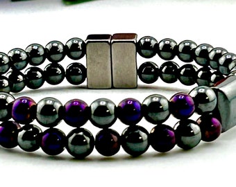 Magnetic Therapy Bracelet, Double Purple and Black Hematite Magnetic Therapy Bracelet,  Purple and Black Hematite Bracelet