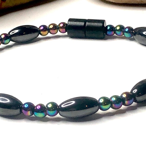 Magnetic Therapy Woman's  Bracelet, Rainbow and Black Hematite lodestone Jewelry, Single Strand Anxiety Bracelet