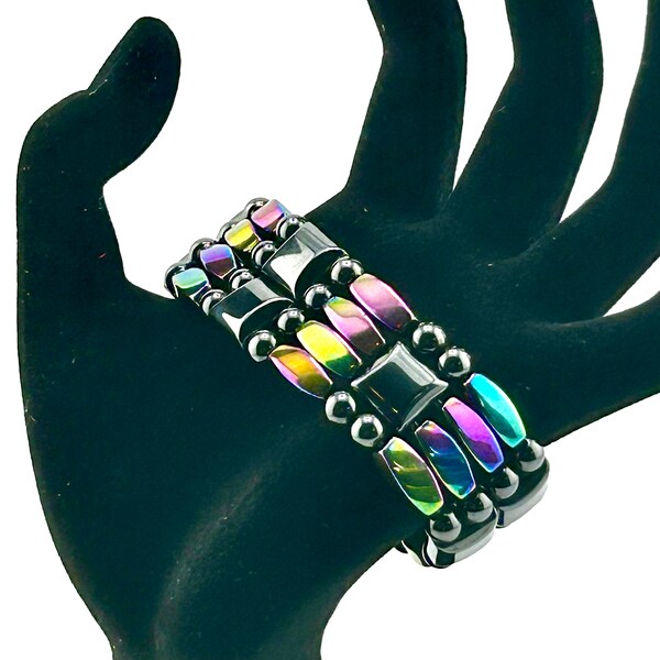 High Strength Magnetic Hematite Bracelet - Rainbow and Black - Therapy for Pain Relief, Quad Magnetic Therapy Bracelet,  High Strength,