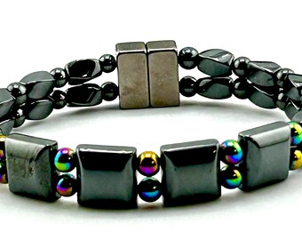 High Strength Double Magnetic Bracelet, Rainbow/Black Hematite Bracelet, Rainbow and Black Magnetic Therapy Bracelet Made to Order, detox