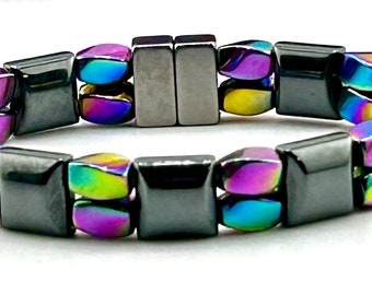 High Strength Double Magnetic Bracelet, Rainbow/Black Hematite Bracelet, Rainbow and Black Magnetic Therapy Bracelet Made to Order, detox