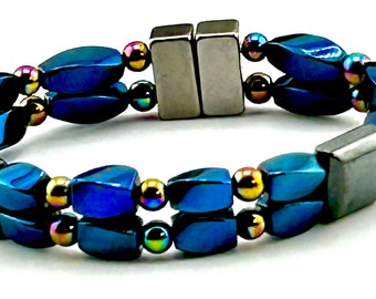 Magnetic Therapy Bracelet, Hematite Magnetic Therapy Bracelet - Blue Rainbow and Black - Double Magnetic Therapy Bracelet