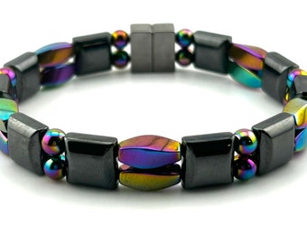 Hematite Rainbow and Black Magnetic Bracelet - High Strength Double Hematite Made to Order, Magnetic therapy Bracelet, Migraines