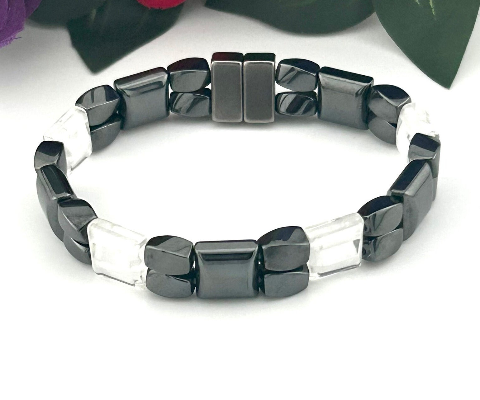 Unisex White Opal Glass and Hematite Therapy Bracelet for Pain