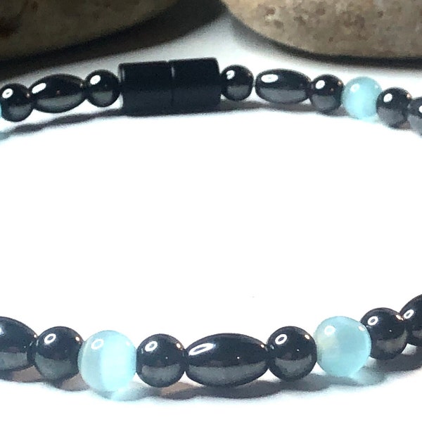 Magnetic Hematite Ankle Bracelet in Aqua and Black - Stylish and Healing Anklet, Magnetic Ankle Bracelet, High Strength, Men/Women