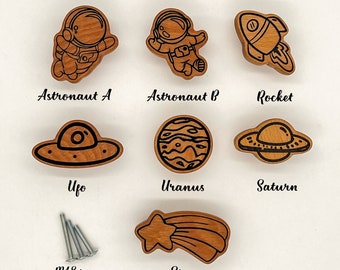 Wooden Space Knobs for Nursery Drawers and Cabinets, wooden nursery drawer knobs, Astronaut, Rocket, Ufo, Uranus, Saturn, Planets, Star knob