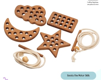 Wooden Lacing Toy: Montessori Fine Motor Skills, Star Moon Cloud Rectangular Shapes