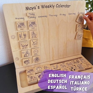 Planificador semanal de madera inspirado en Montessori: organizador de actividades divertido, duradero y portátil para niños / Calendario personalizado de 68 piezas